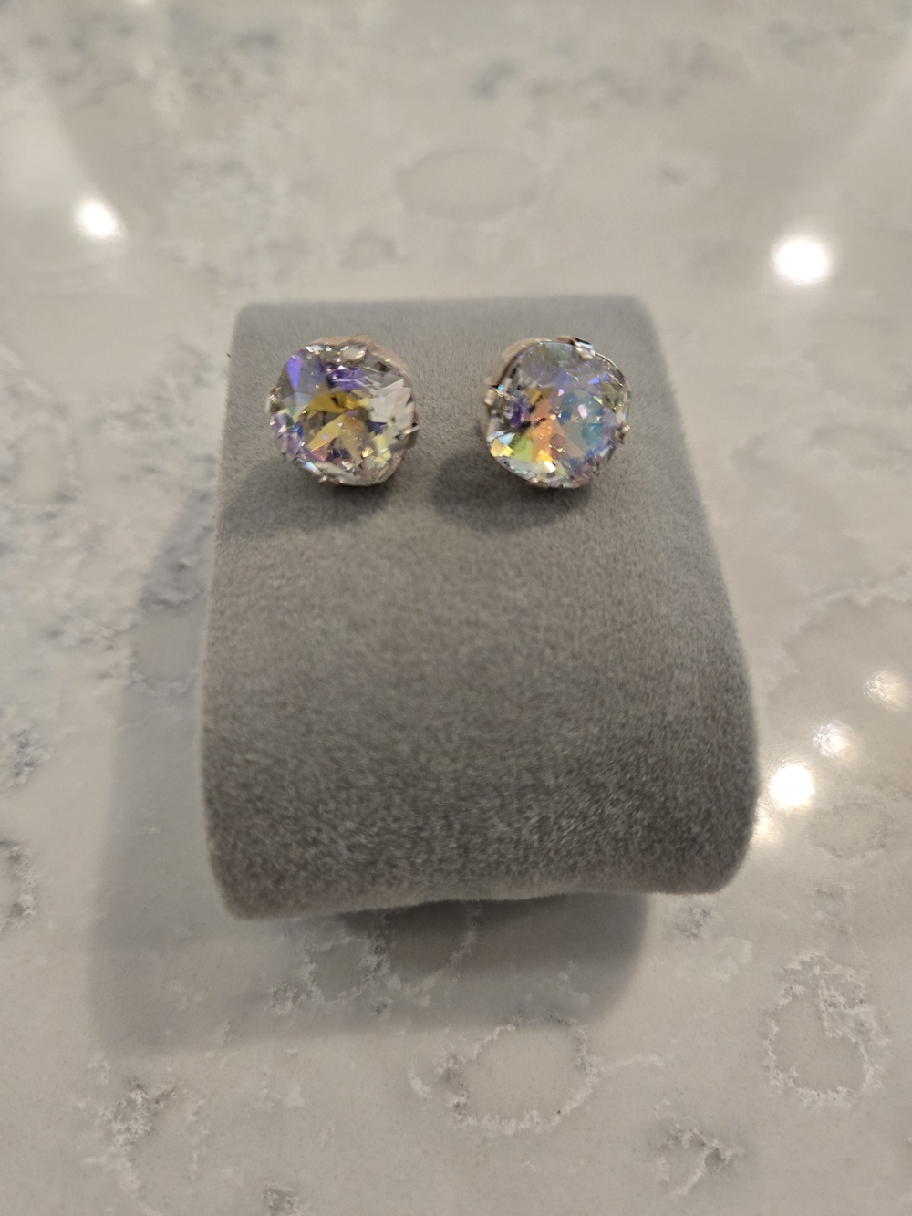 Custom Crystal 12 MM Stud Earrings - Iridescent Sparkle In Shiny Silver Setting